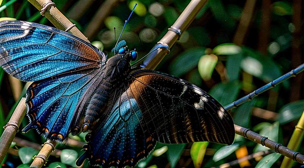 Image of a flying butterfly - - Blue morpho - butterfly flying next to a black ager, 12 yearing a dark gray long-sleeved shirt = no pattern - short curly hair - long pants, straw sandals - looking in profile at the bamboo grove, running backwards alone on the trail - Image of butterflies Blue morpho - butterfly flying next to - bamboo forest