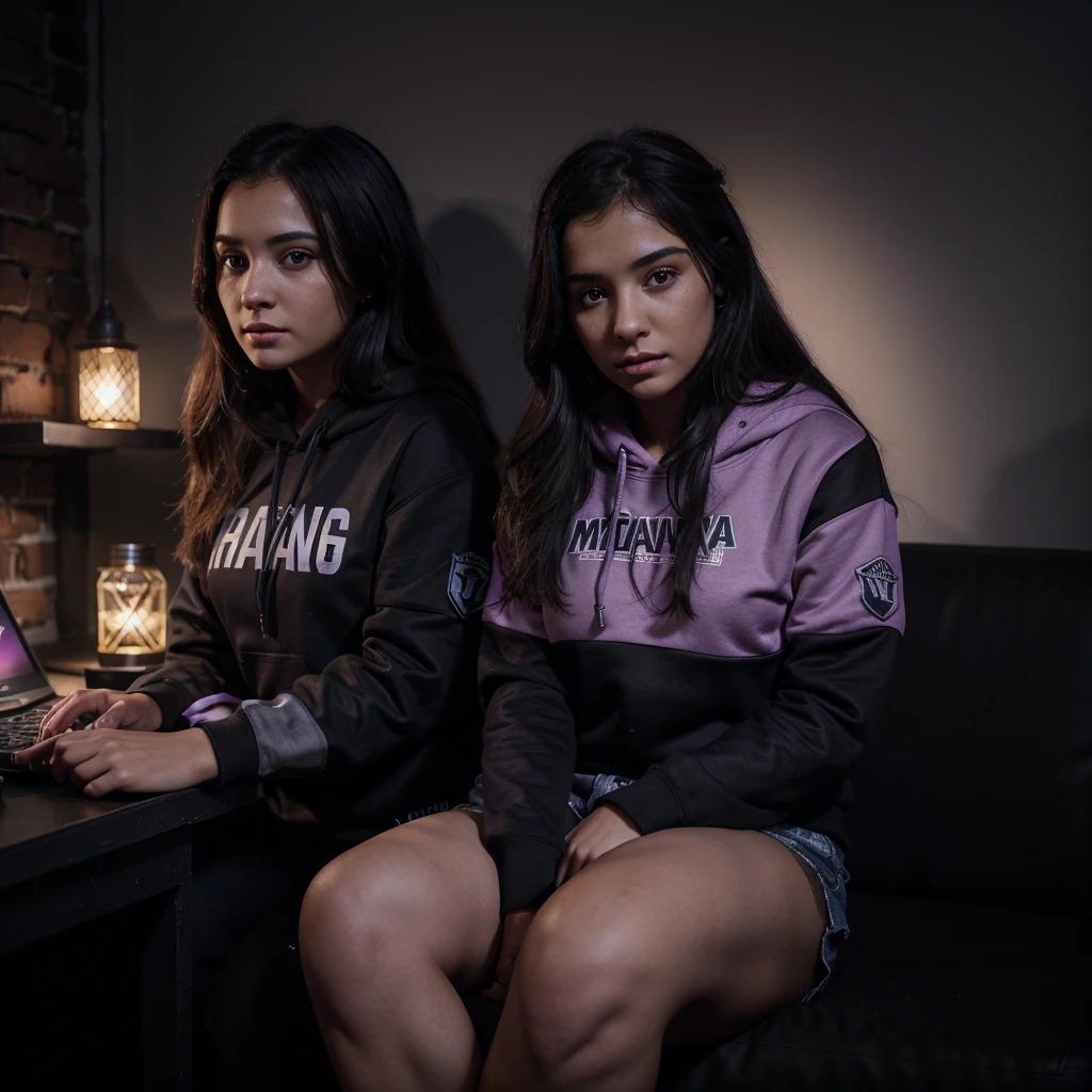 highly detailed, HD, dark background, a very beautiful girl sits at the computer, on the wall it is written: Мариша, On a hoodie too. The room is purple-black, with lights, on the PUBG mobile screen, in the girl’s arms lies a dog