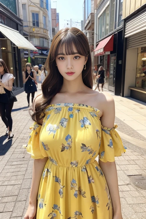 Walk the streets of the city,One lady、 Bandeau Dress, Wearing long gorgeous clothes, wearing a long dress with a yellow floral pattern, shopping, In the city, highly detailed beautiful girl, Highly detailed face, Highly detailed eyes, highly detailedskin, extremely detailed fingers, highly detailed nose, very detailed detailed mouth