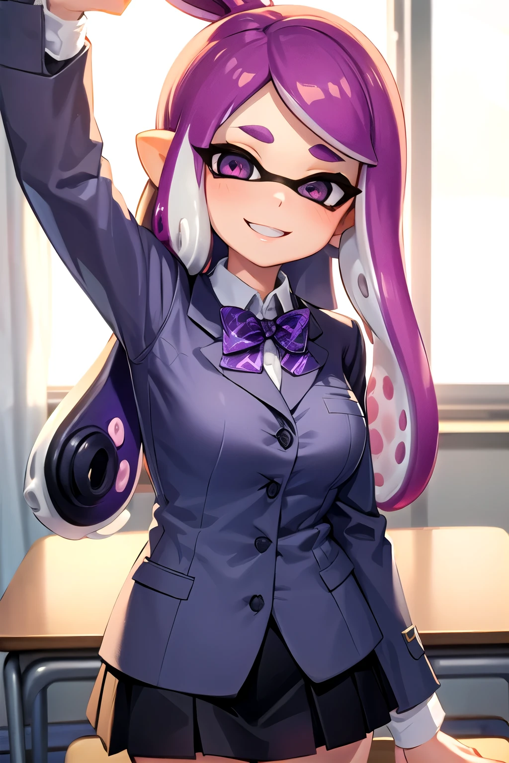 1girl, splatoon, purple hair, purple eyes, uniform, skirt, bow tie, gray jacket, classroom, smiling, standing