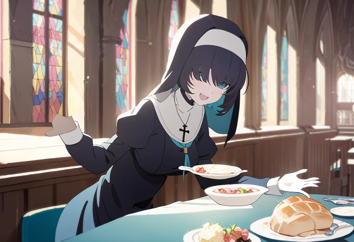 1girl, nun, cross, cross necklacke, jewelry, (black hair), (turquoise bangs), very short hair, hair over eyes, pale skin, medium breasts, turquoise eyes, black dress, church, smile, big belly, eating meal, table, belly on table, (masterpiece), best quality, anime style