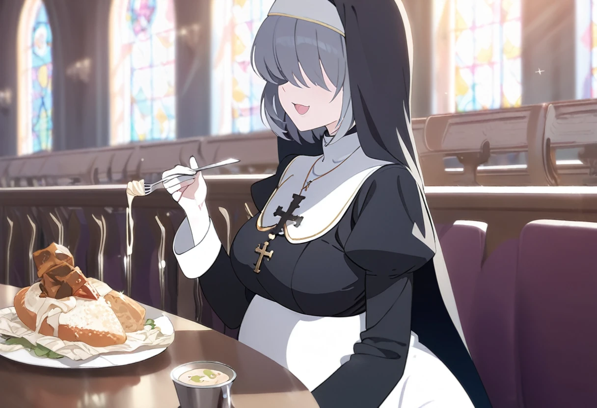 1girl, nun, cross, cross necklacke, jewelry, (black hair), (turquoise bangs), very short hair, hair over eyes, pale skin, medium breasts, turquoise eyes, black dress, church, smile, big belly, eating meal, table, belly on table, (masterpiece), best quality, anime style