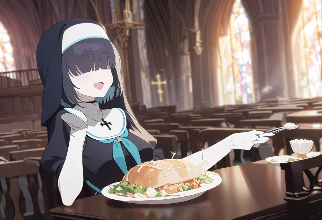 1girl, nun, cross, cross necklacke, jewelry, (black hair), (turquoise bangs), very short hair, hair over eyes, pale skin, medium breasts, turquoise eyes, black dress, church, smile, big belly, eating meal, table, belly on table, (masterpiece), best quality, anime style