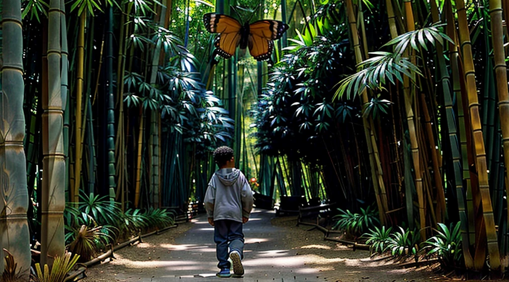 Image of a black teenager, 12 years old - wearing a dark gray long-sleeved shirt = no pattern - short curly hair - long pants and straw sandals, - looking in profile at the bamboo grove, running backwards alone on the trail - Image of butterflies Blue morpho - butterfly flying next to the species of butterfly flying - - Blue morpho - butterfly flying next to and - bamboo forest