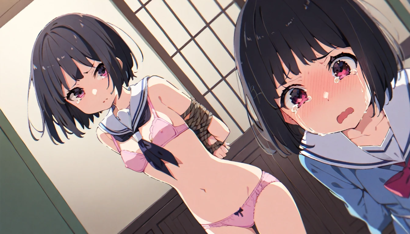 A girl in a sailor uniform, pink panties and pink bra, with erect nipples, black hair, short bob, small breasts and pale pubic hair, is tied up with her hands behind her back and forced to give a blowjob while standing in a Japanese-style room. She is crying in disgust.、From head to ankle