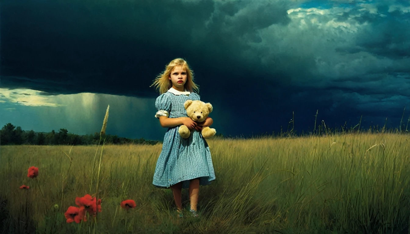 Art by Edward Hopper and Jan Saudek full figure of a six yearold beautiful girl with windswept blonde hair standing in a meadow holding a teddy bear, with tall grass and wild flowers. stormy clouds in the sky, Enchanting and ethereal scene.