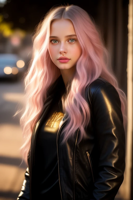 Beautiful sweet girl, tender young woman, long flowing hair, big bright eyes, soft skin, pink lips, gentle smile, wearing a black leather jacket, standing on the street, golden sunlight, warm soft lighting, high detail, 8k, photorealistic, masterpiece , cinematic, portrait