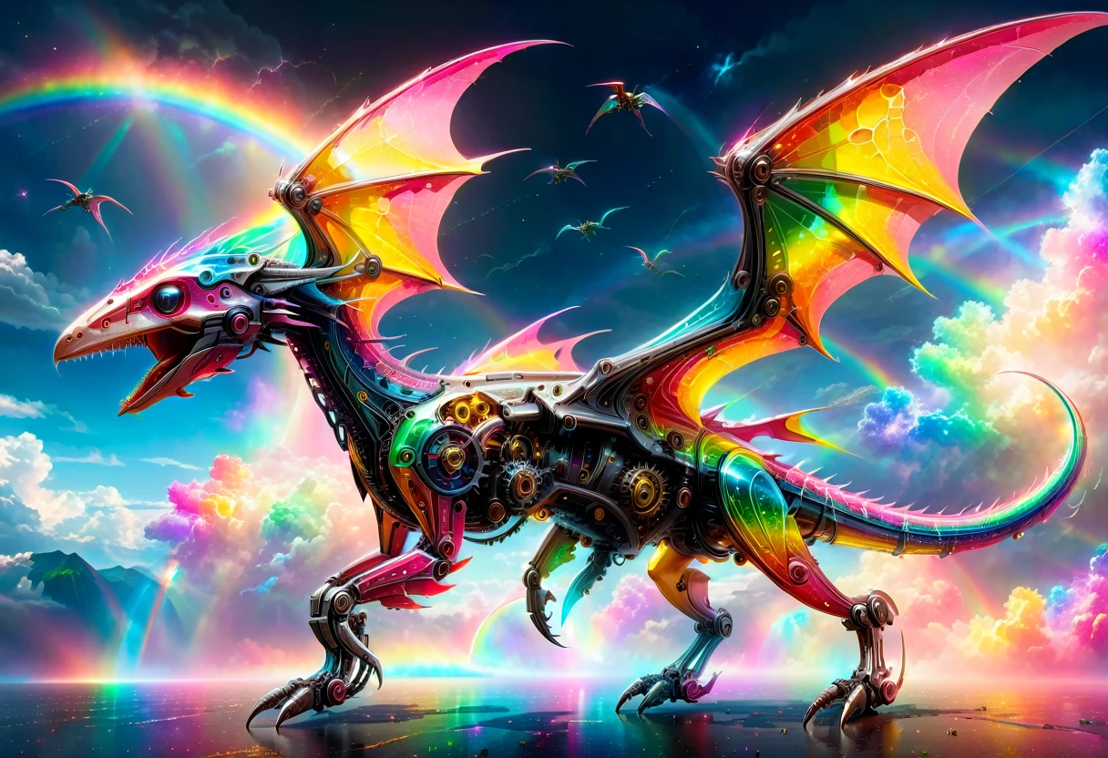 a National Geographic, an award winning picture of a (pink mech Pterosaur: 1.3) flying in the sky near a rainbow, dynamic sky background, (masterpiece: 1.4) intense details, highly detailed, photorealistic, best quality, highres,16k, [ultra detailed], masterpiece, best quality, (extremely detailed), ultra wide shot, photorealistic, RAW, realistic art,((best quality)), ((masterpiece)), (detailed: 1.5) ral-czmcrnbw, Mechanical Creatures