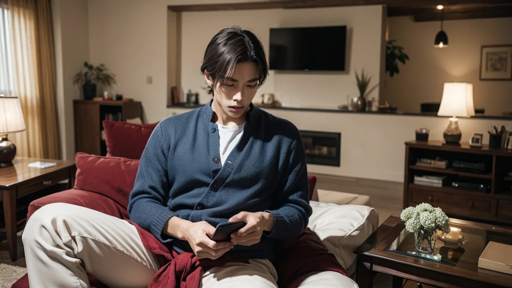 man in traditional and casual clothes using his cell phone in the living room of his house