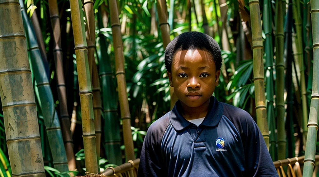 Image of a black teenager, 12 years old - wearing a dark gray long-sleeved shirt = no pattern - short curly hair - long pants and straw sandals, - looking in profile at the bamboo grove, running backwards alone on the trail - Image of butterflies Blue morpho - butterfly flying next to the species of butterfly flying - - Blue morpho - butterfly flying next to and - bamboo forest