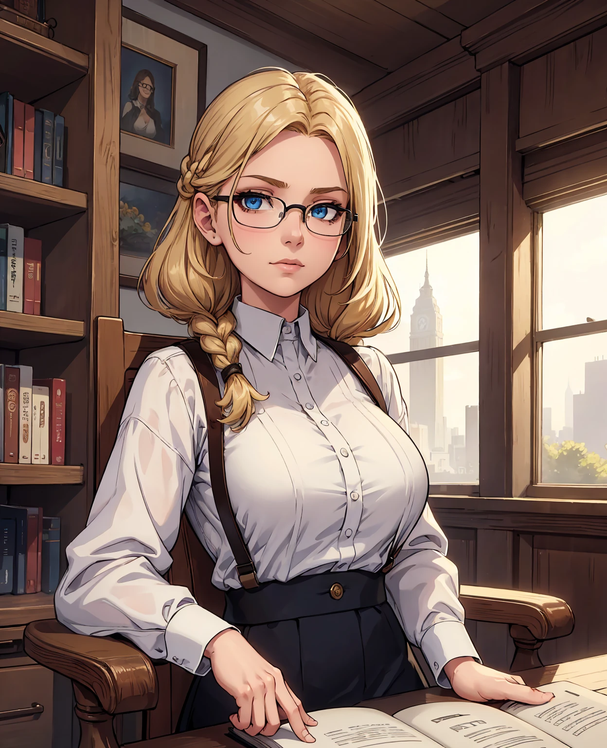 Solo, 1girl, masterpiece, best quality, extremly detailed, Cinematic lighting, intricate detail, highres, official art, finely detailed beautiful face and eyes, high resolution illustration, 8k, dark intense shadows, overexposure, [blonde hair/brown hair], single braid, blue eyes, glasses, smug, sitting on chair, upper body, large breasts, white shirts, yellow suspenders, book_stack, library, ((vine)), rose, looking at the viewer