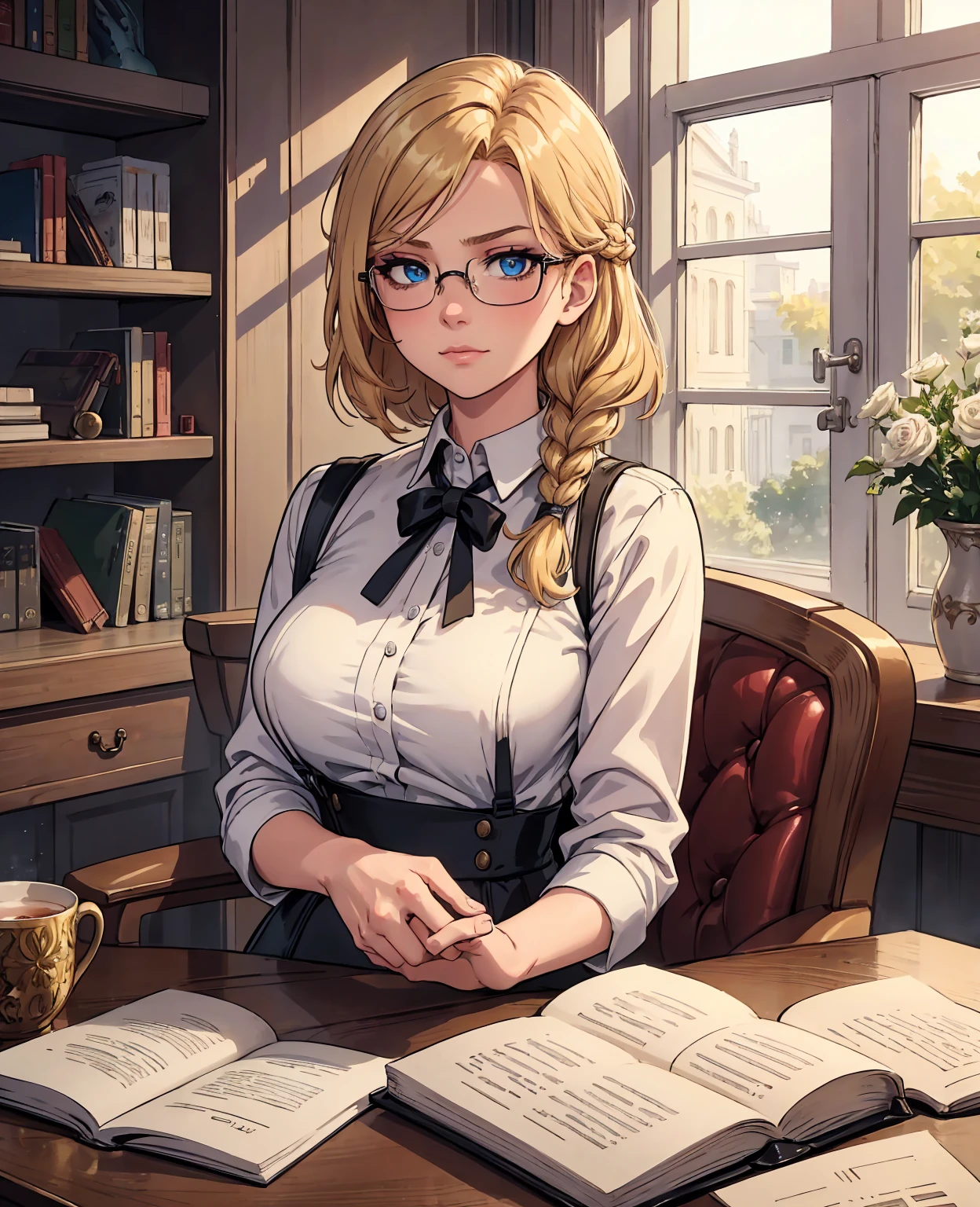 Solo, 1girl, masterpiece, best quality, extremly detailed, Cinematic lighting, intricate detail, highres, official art, finely detailed beautiful face and eyes, high resolution illustration, 8k, dark intense shadows, overexposure, [blonde hair/brown hair], single braid, blue eyes, glasses, smug, sitting on chair, upper body, large breasts, white shirts, yellow suspenders, book_stack, library, ((vine)), rose, looking at the viewer