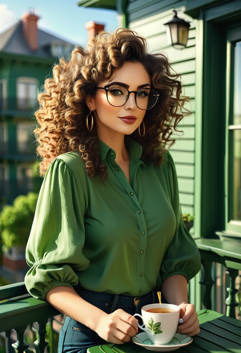 Drawing woman with glasses curly hair logos dark jeans and green blouse with puffed sleeves drinking tea on the balcony of an American style house shallow depth of field, cinematic light, luz suave, retroiluminado, micro-detalhes, Rendering, fotorrealista, cinematographic, 85 mm 1.4