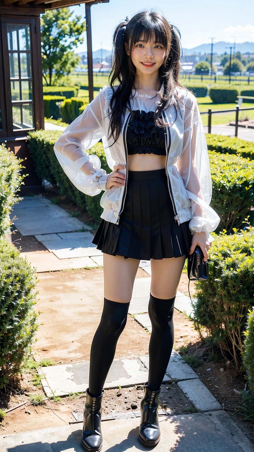 (8K、RAW Photos、Highest quality、masterpiece:1.2)、(Realistic、Realistic)、1 Girl、((Jacket、Black Mini Skirt、one piece、Frills、smile、Medium Hair、See-through、tights、boots、chest emphasis、whole body、garden、View from the front、Looking into the camera、Stand with your hands on your hips))、