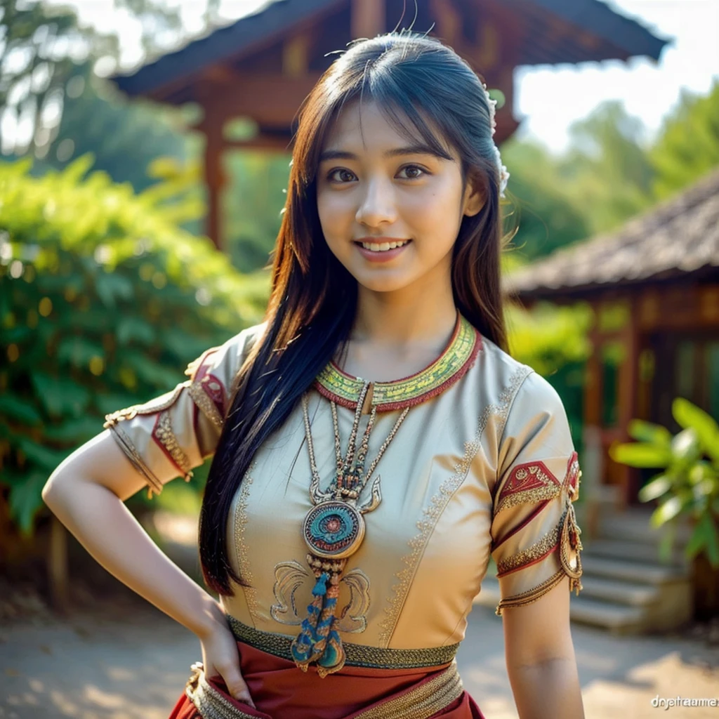 (((dashataran:1.4, ))), dayak, (RAW photo, best quality), (realistic, photo-realistic:1.3), masterpiece, an extremely delicate and beautiful, extremely detailed, CG, unity , 2k wallpaper, Amazing, finely detail, light smile, extremely detailed CG unity 8k wallpaper, huge filesize, ultra-detailed, highres, absurdres, soft light, (beautiful detailed sky, outdoor, jungle, wooden house) ((extremely detailed face, beautiful detailed girl, detailed fingers, extremely detailed eyes and face, beautiful detailed nose,)) light on face, solo, 1girl,(pureerosface_v1:0.6), black eyes, black hair, bangs, closed_mouth, lips, long_hair, looking_at_viewer, (upper body), realistic, (wearing_dayak_outfit:1.4), smile, ((detailed pupils))