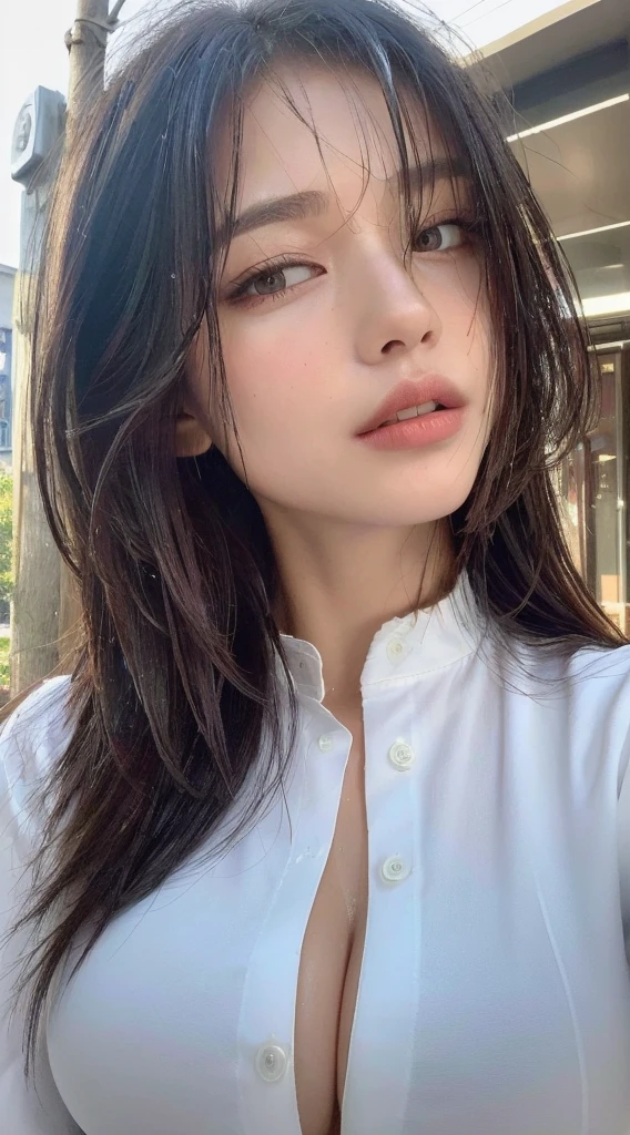 ((Best Quality, 8K, Masterpiece: 1.3)), Sharp: 1.2, Perfect Body Beauty: 1.4, Slim Abs: 1.2, ((Layered Hairstyle, Big Breasts: 1.2)), (Wet White Button Long Shirt: 1.1), (Rain, Street: 1.2), Wet: 1.5, Highly detailed face and skin texture, detailed eyes, double eyelids, side face looking at the camera