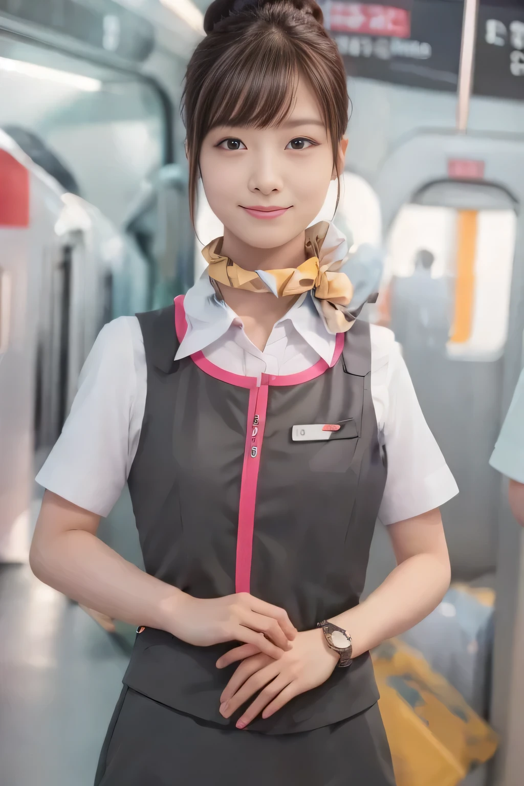 (masterpiece:1.2, Highest quality:1.2), 32k HDR, High resolution, (alone、 One girl)、（Ride the bullet train、Professional Lighting）、Background in the car、（Realistic style of JR Gran Class crew uniform）、Short sleeve blouse、a scarf around the neck、（JR Gran Class flight attendant uniform with pink parts on the skirt sleeves）、（The uniform of a flight attendant in JR Gran Class has a pink line on the front zipper of the vest.）、Dark brown hair、（Hair tied up、Hair Bun、Hair Bun）、Dark brown hair、Long Shot、Big Breasts、（（Great hands：2.0）），（（Harmonious body proportions：1.5）），（（Normal limbs：2.0）），（（Normal finger：2.0）），（（Delicate eyes：2.0）），（（Normal eyes：2.0））)、Luxury Necklace、smile、Beautiful standing posture,