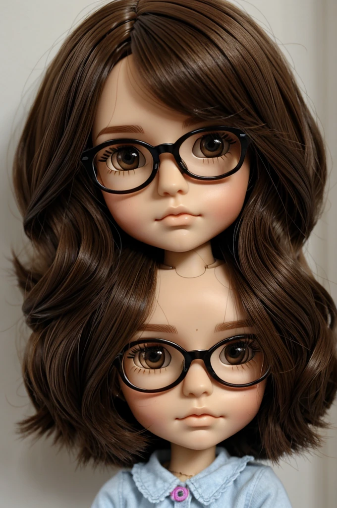 Blythe doll with brown eyes, short straight brown hair showing the forehead, and glasses de