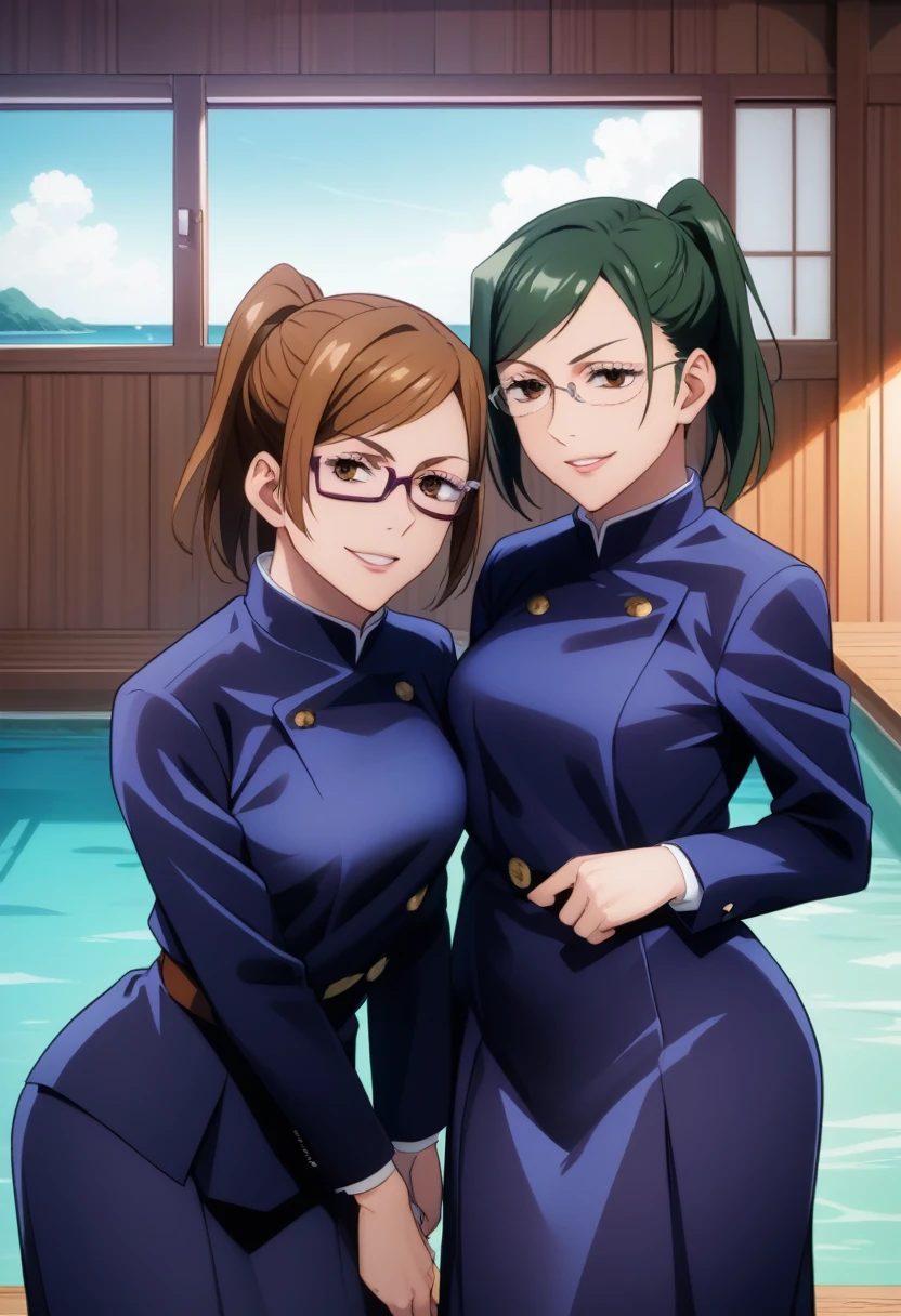 score_9_up, score_8_up, score_7_up, 2girls, mature females, Nobara Kugisaki and Maki Zenin, looking at viewer,(((first girl is Nobara has short brown hair, brown eyes, blue tight uniform with skirt))), (((second girl is Maki has green ponytail hair, glasses, yellow eyes, blue tight uniform with tight skirt))), naughty smiles, they are looking at viewer,((yacht cabin)), day time, standing tall in seductive poses