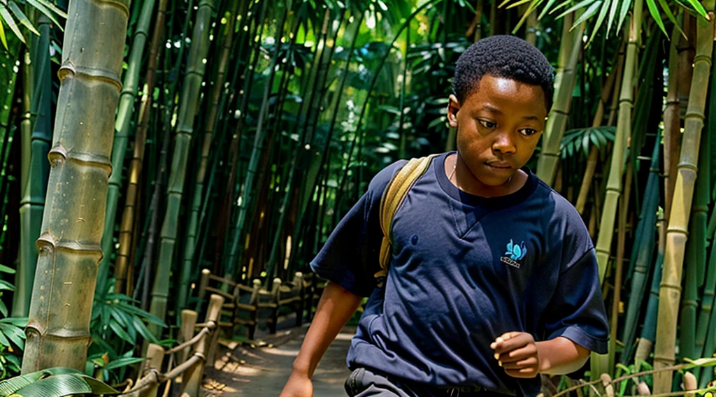 Image of a black teenager, 12 years old - wearing a dark gray long-sleeved shirt = no pattern - short curly hair - long pants and straw sandals, - looking in profile at the bamboo grove, running backwards alone on the path = Image of butterflies Blue morpho - butterfly flying next to species butterfly flying - - Blue morpho - butterfly flying next to and - bamboo forest