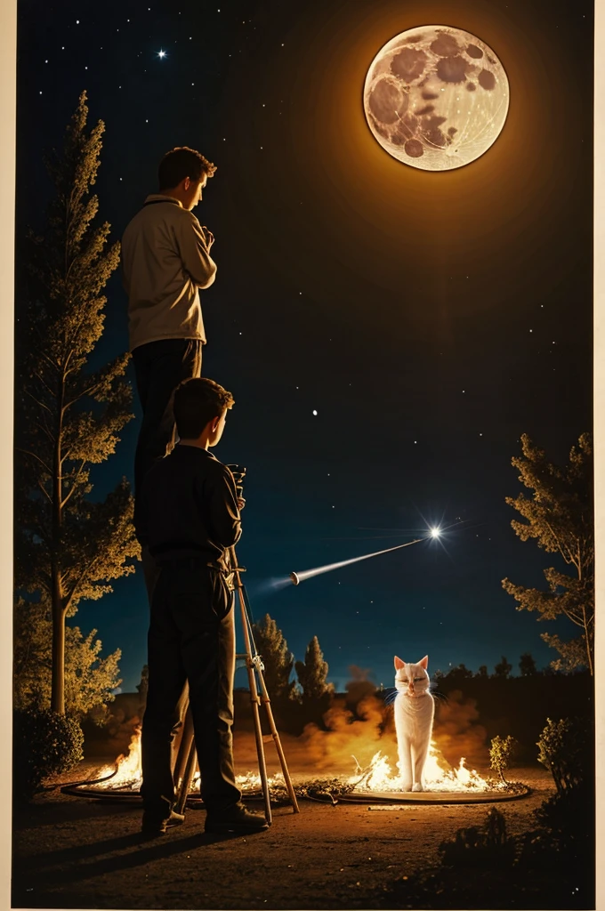 young painter, standing next to a telescope, and a white cat.
in the background a garden burning in flames. at night, you look at the moon.
surreal style