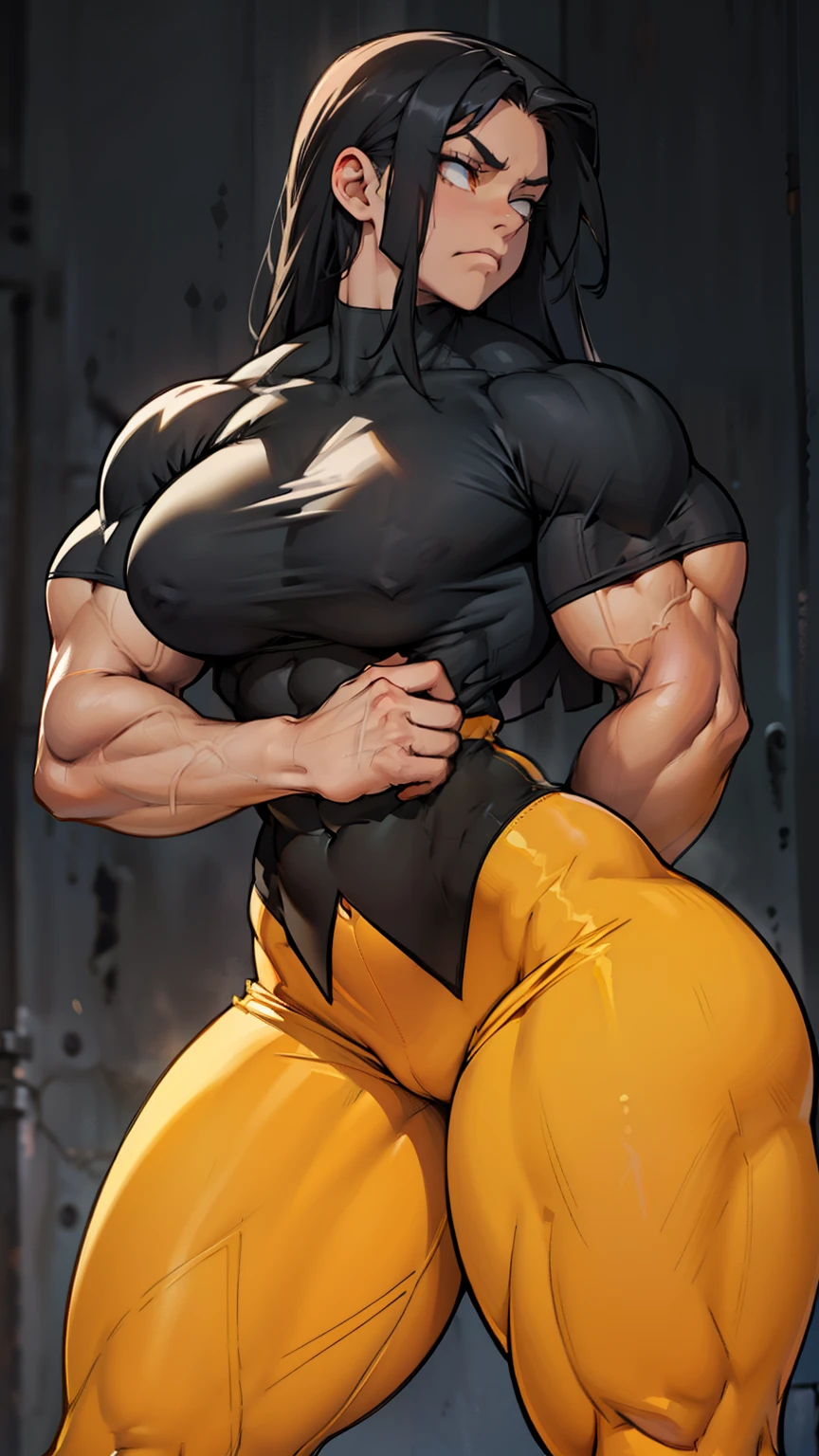 massive breasts huge muscles muscular girl toned body bodybuilder grey background leggings tight shirt black hair yellow eyes pale skin long hair wide hips curvy thick thighs thick thick thick thick tight sad frown expressionless