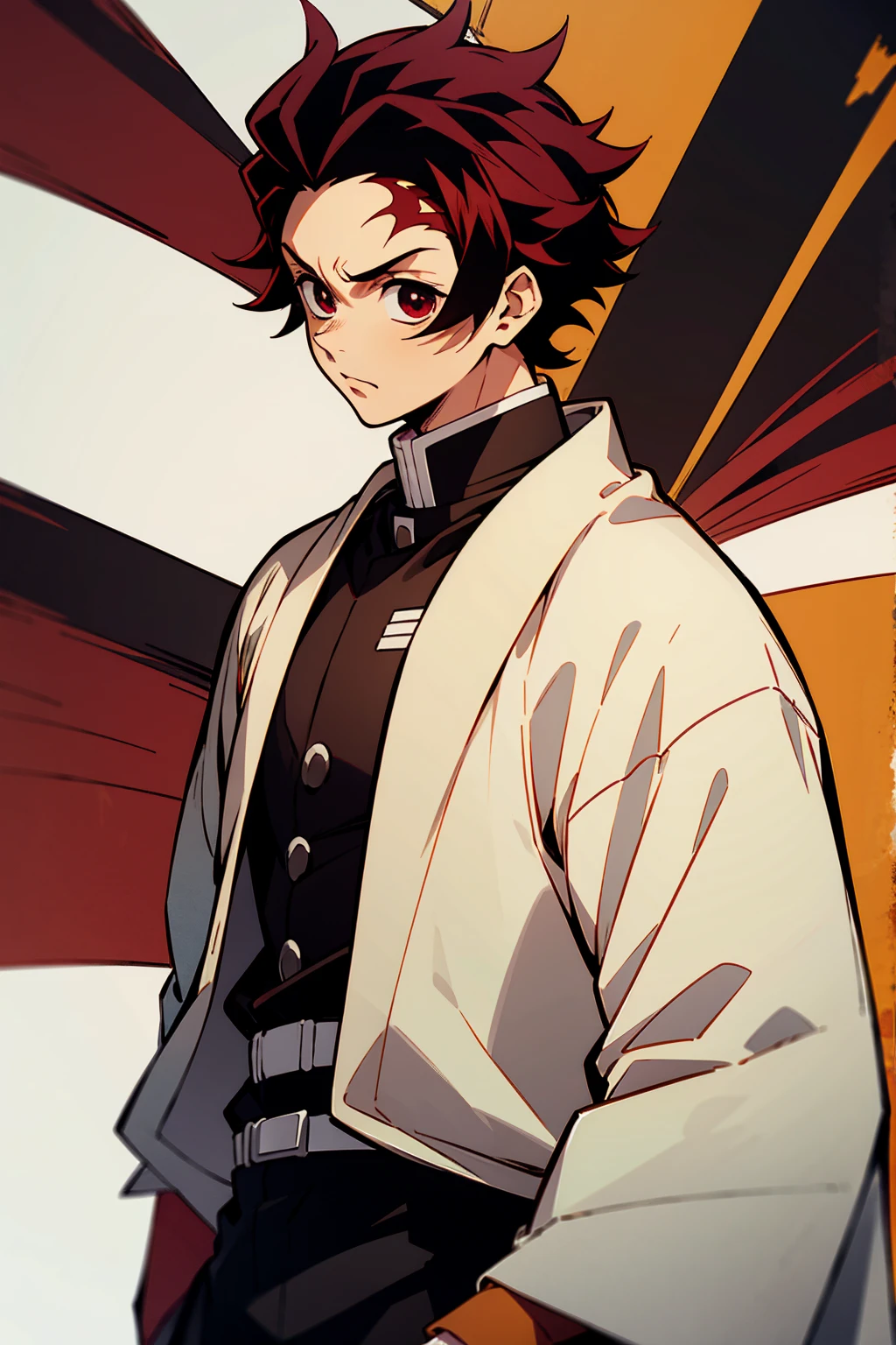 1male , Young Male , Black Button up Turtleneck , Demon Slayer Uniform , White Haori with yellow a accents , Oumbre Hair , Black Hair , Crimson red highlighted hair , Low cut messy hair 