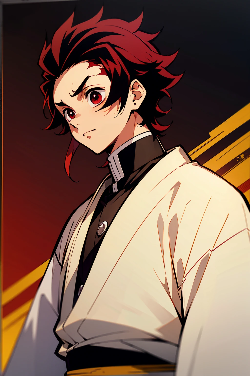 1male , Young Male , Black Button up Turtleneck , Demon Slayer Uniform , White Haori with yellow a accents , Oumbre Hair , Black Hair , Crimson red highlighted hair , Low cut messy hair