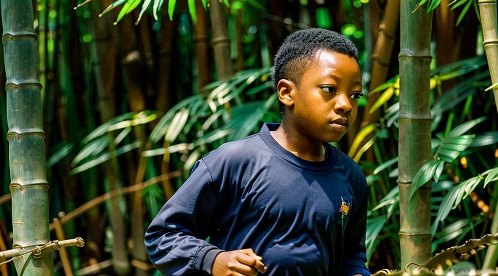 Image of a black ager, 12 yearing a dark gray long-sleeved shirt = no pattern - short curly hair - long pants and straw sandals, - looking in profile at the bamboo grove, running backwards alone on the path = Image of butterflies Blue morpho - butterfly flying next to species butterfly flying - - Blue morpho - butterfly flying next to and - bamboo forest
