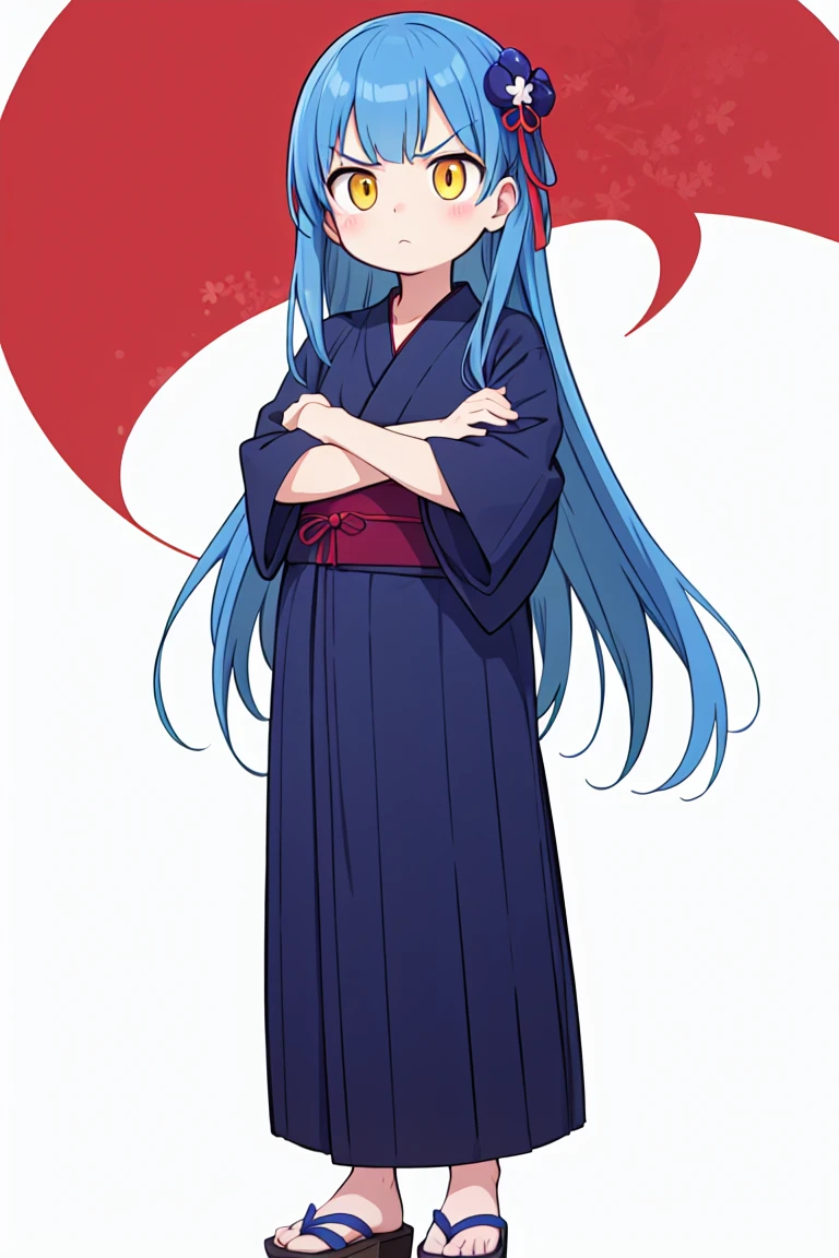 hibi, flat color, solo, full body, cute, (highest quality), yellow eyes, blue hair, long hair, annoyed, red yukata, crossed arms, white background, (masterpiece)
