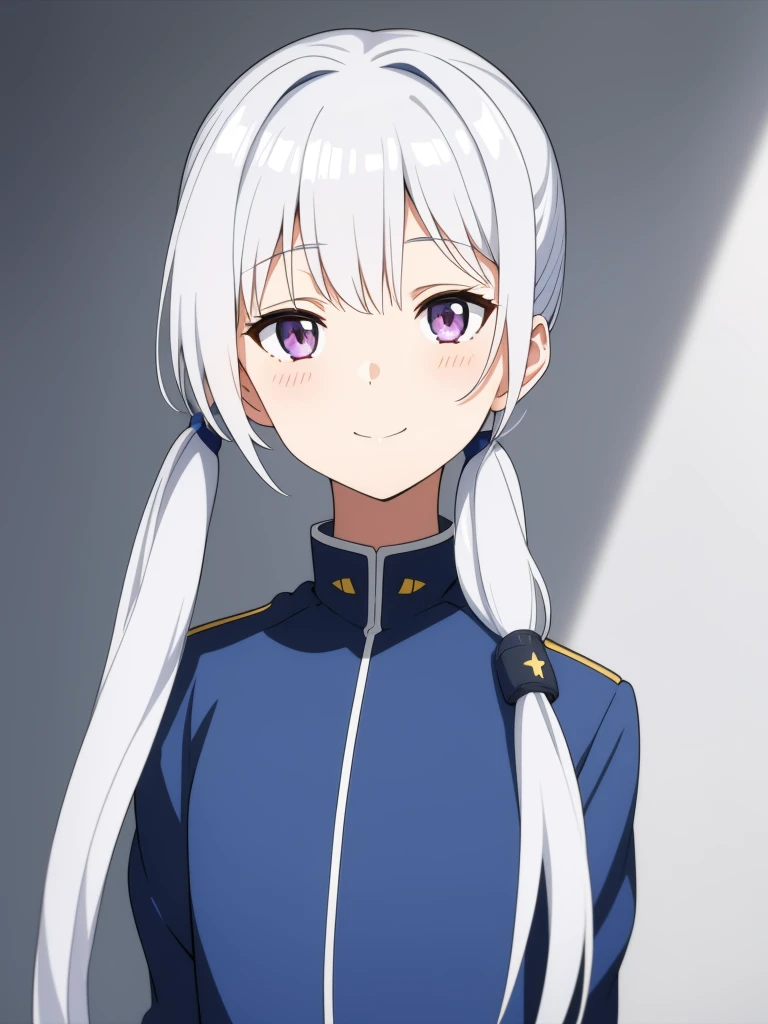 1girl, anime girl, silver hair, long twintails, silver eyes, dark blue school suit, plain white background, closed mouth small smile, small closing eyes