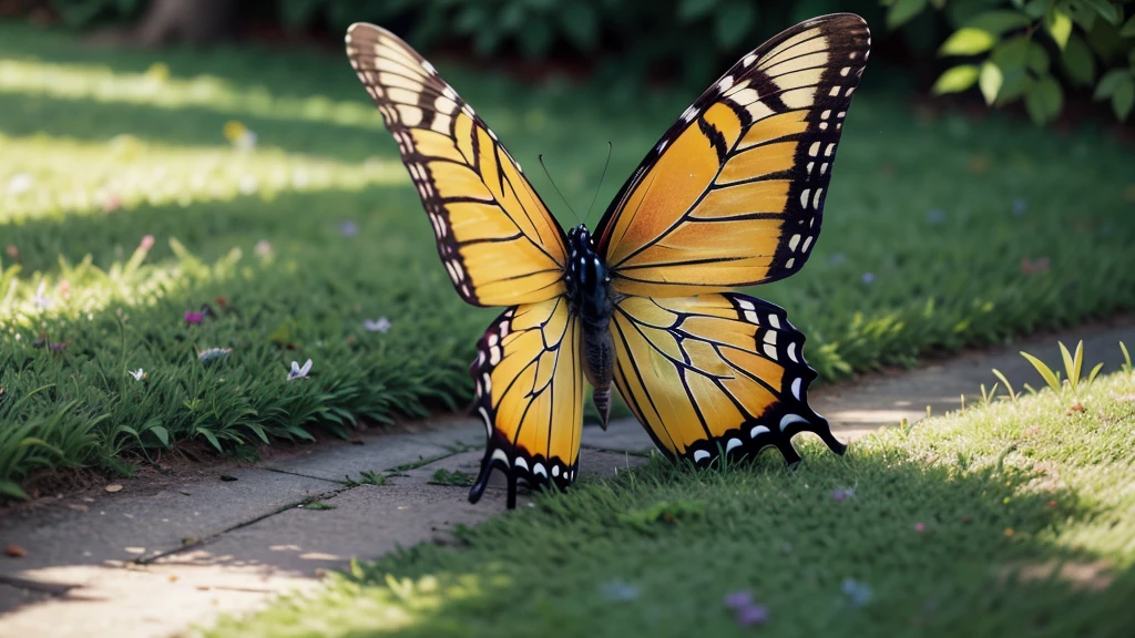 super detaill, High details, high qualiy, 8K, miyazaki style, make a butterfly in surrounding foliage and a lawn on the ground with stronger and lighter colors, high sharpness,Show the full picture