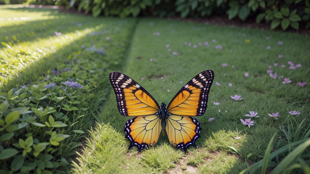 super detaill, High details, high qualiy, 8K, miyazaki style, make a butterfly in surrounding foliage and a lawn on the ground with stronger and lighter colors, high sharpness,Show the full picture