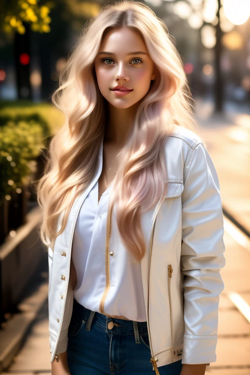 Beautiful sweet girl, tender young woman, long flowing hair, big bright eyes, soft skin, pink lips, gentle smile, in a white denim jacket, standing on the street, golden sunlight, warm soft lighting, high detail, 8k, photorealistic, masterpiece , cinematic, portrait