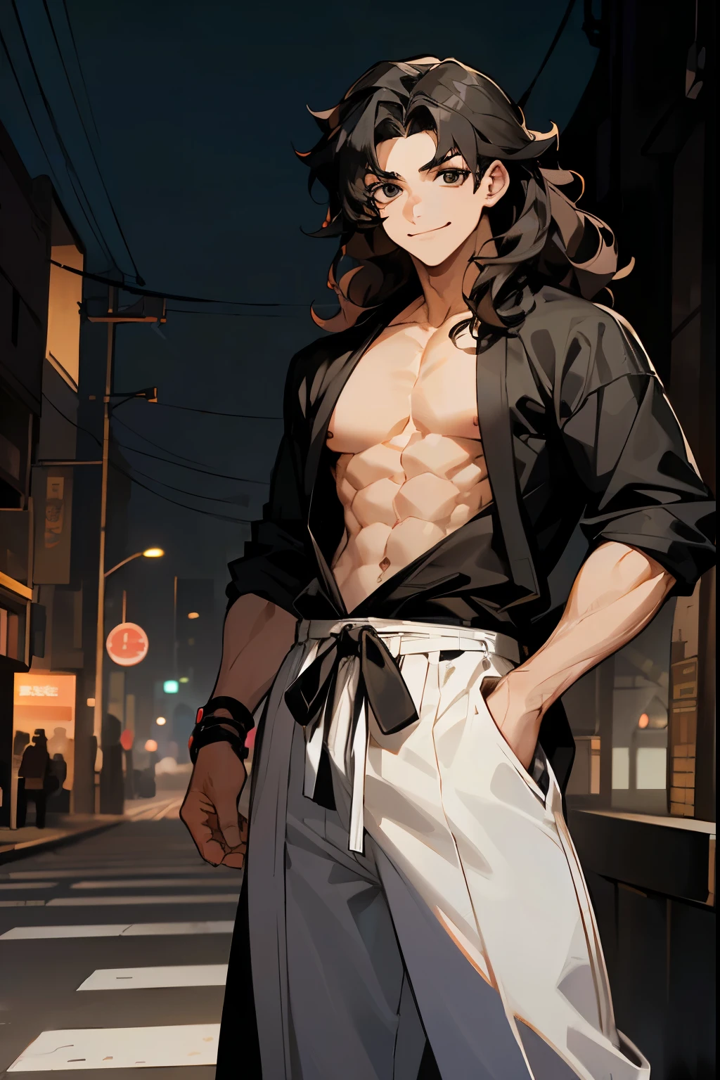 1male , Muscular , Wavy Hair , Low Cut Hair , Black Eyes , Smiling Expression , Black Baggy Shirt , Baggy white pants ,Martial Arts Clothing, Modern City Background , Standing on sidewalk , Young Male