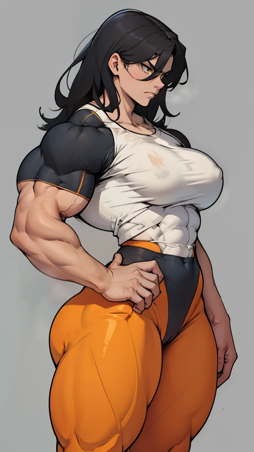 huge breasts huge breasts huge muscles muscular girl toned body bodybuilder grey background leggings tight shirt black hair yellow eyes pale skin long hair wide hips curvy thick thighs thick thick thick thick tight sad frown expressionless