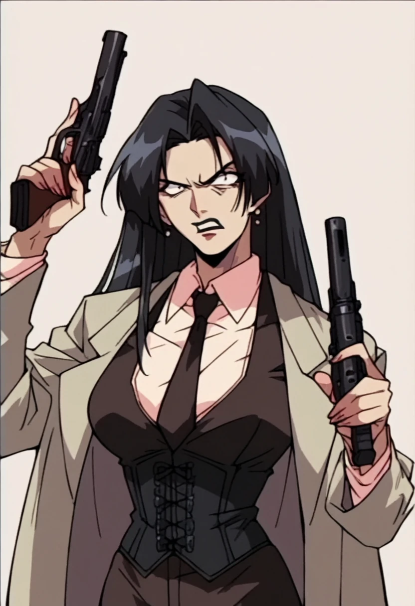 beautyful mature japanese woman, slim body, slender body, pink corporate suit, black tie, big long fringe black hair, black lipstick, black corset, milf, black chocker, black nacklaces, holding a gun, angry