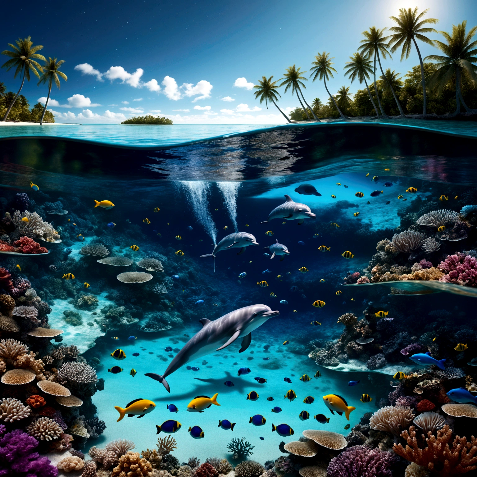 ((On a very dark night lit by the moon)), from a high vantage point, observe a turquoise blue lagoon stretching to the horizon. To the left, a beach lined with palm trees nestles under a crystal-clear turquoise blue lagoon, where ((detailled huge barrier reef, luminescent fishes and jellyfishes are revealed in detail, animated by delicate waves)). ((In the starry sky, a swirling galaxy evolves into a giant blue eye, more detailed and majestic)), set against a starry sky adorned with nebulae and cosmic dust. The bright reflections of this blue eye and the starry sky intensely mirror on the water’s surface. (( Along the shore, a blonde woman with long, flowing hair, dressed in a finely detailed shorty wetsuit that seems woven from celestial fabric absorbed by the wonders of the universe)). (The water near her is crystal clear, revealing multicolored bioluminescent algae and richly detailed marine life). In the midst of this scene,( a (joyful dolphin leaps out of the water), adding a touch of life and movement). This work must capture the essence of lunar luminism and fantastical realism against a complex and meticulously detailed background, rendered in ultra-realistic 8k resolution for hyper-realistic finesse evoking enchanted photography effects. Summon modern fantasy elements popular on Artstation Unreal Engine 5 with vibrant ink-spotted colors, a maximalist style, matte painting techniques offering an expansive depth of field, all while preserving simple and pure reflections in the darkness.