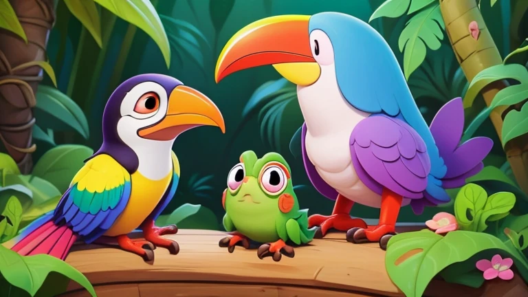 Pepe the brown perez had many friends in the forest: Lilac the parrot, Tico the toucan and Rita the frog. cute cartoon image