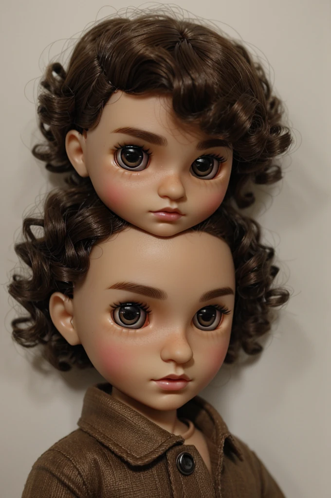 Make a male blythe doll with tan skin, Dark brown eyes, curly hair with buzz cut and dark circles in her eyes make her hair curly