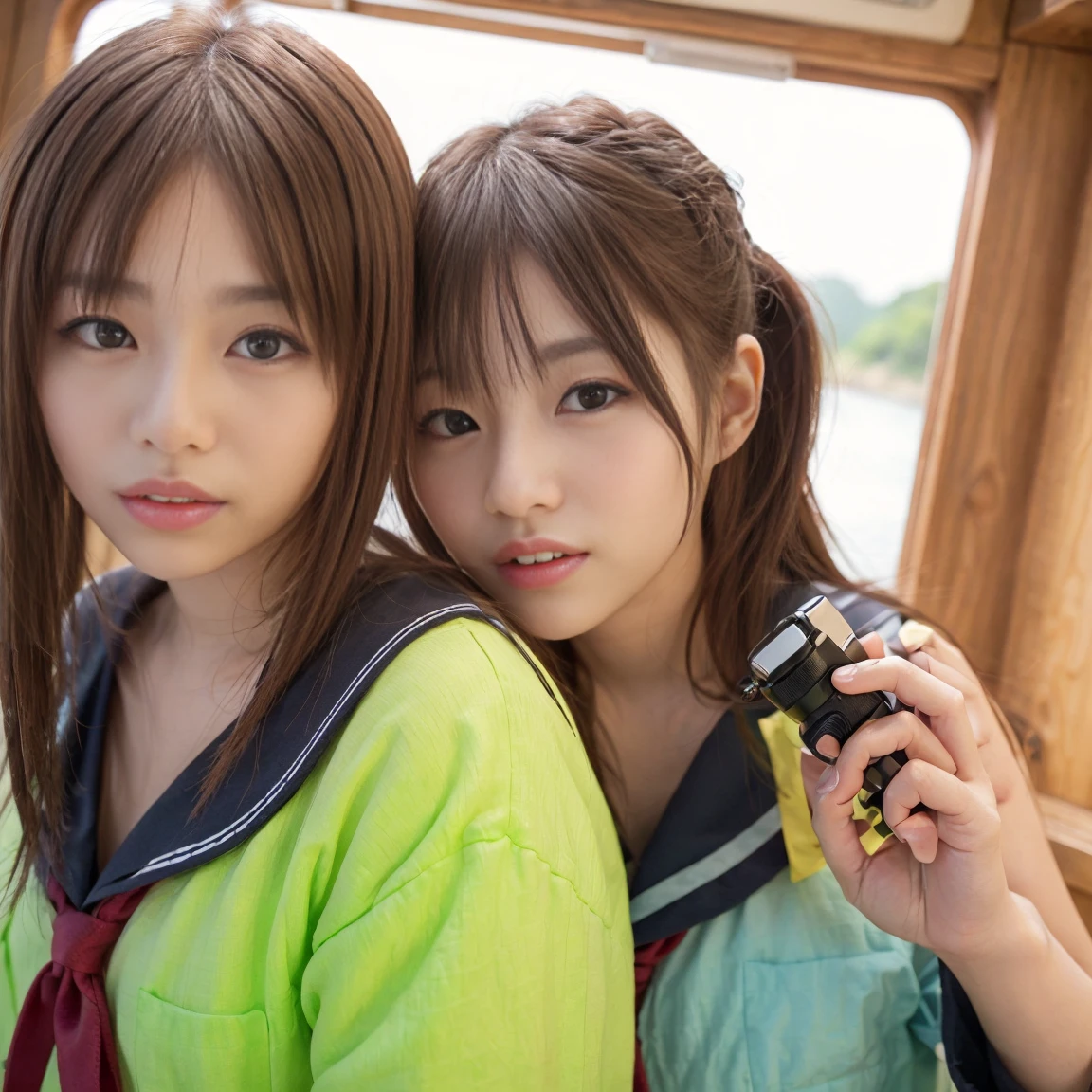 (In 8K、RAW Photos、Highest quality、masterpiece:1.2)、Super detailed、Ultra-high resolution、(Realistic、Actual photo shoot:1.47)、(Two women standing close together)Realistic女性、Details that could be mistaken for a human、とてもRealistic、Hyperrealism j、From above、Camera from the sky、From above見たカメラアングル、I looked up and saw this、Women holding hands、Hand in hand、High-quality images taken with an aerial camera、Luxurious linens on board、(Very beautiful lighting)Head to waist、White skin、color白の女性の校正、Ultra HD、Beautiful woman calibrating with the light behind her、Incredibly detailed、Highly detailed beautiful girls、Faces with various patterns、Different face patterns、Each hairstyle has its own characteristics、color々Hairstyle、color々Hair shining in beautiful light Co like fishing on a boat.、光に輝く茶colorの髪、One of them has a ponytail、、Modern and cute 、Highly detailed face、Highly detailed eyes、とてもRealistic skin、 Highly detailed fingers, Highly detailed nose, Highly detailed mouth, Perfect Anatomy, Very elaborate sailor suit、、Hair and other details are also accurately expressed..、Show me your teeth、Realistic body, White skin, Glowing Skin, the body is slim, Straight Long Hair, (Blunt bangs:1.2), , nixeu and sakimichan, Zweis, seifuku, sakimichan, JK, Wearing a Japanese uniform, Promotional Steel, Larisa Manovar, Japanese , Japanese Girls , Alena Aenami and Lilia Alvarado