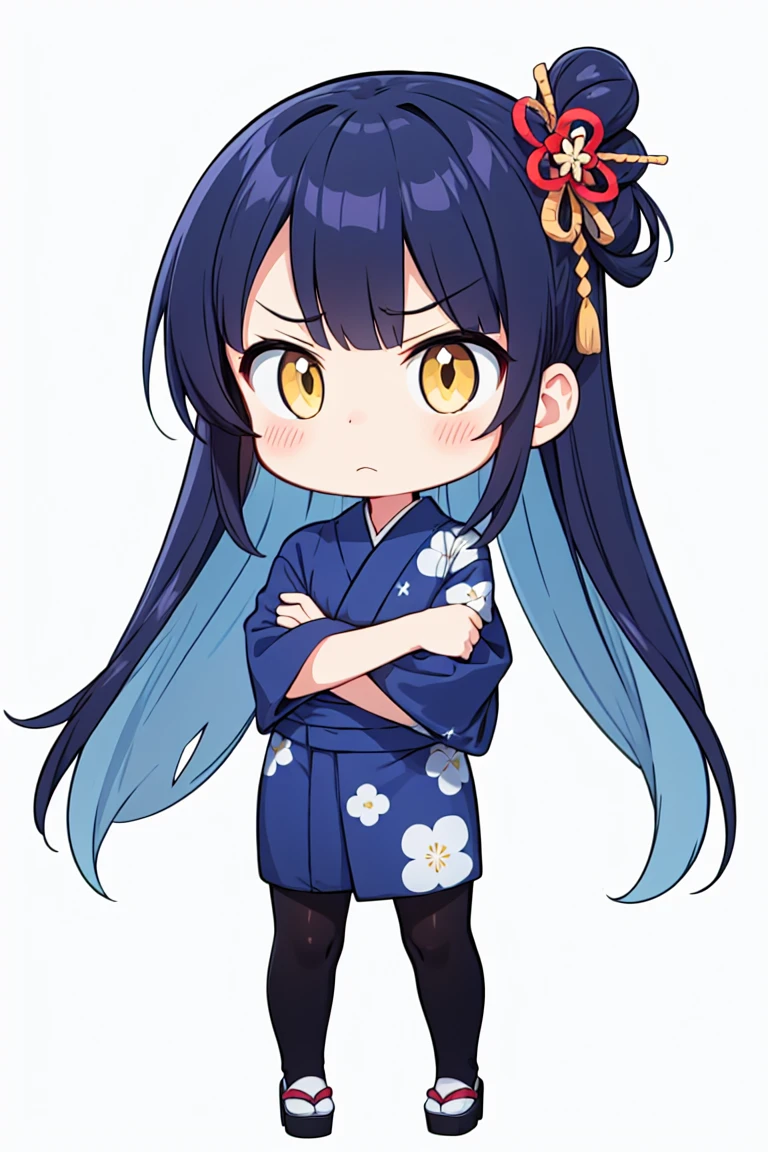 chibi, flat color, solo, full body, cute, (highest quality), yellow eyes, blue hair, long hair, annoyed, red yukata, crossed arms, white background, (masterpiece)