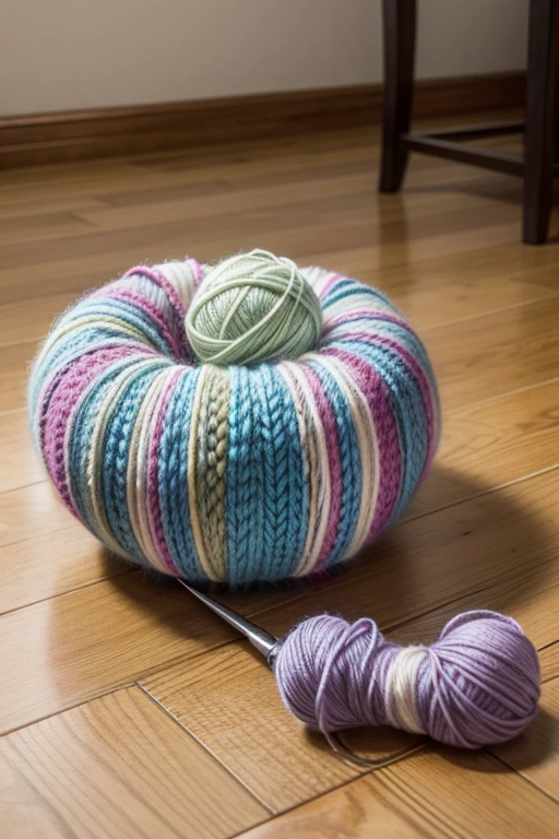 Create ball of yarn, crochet hook on the floor
