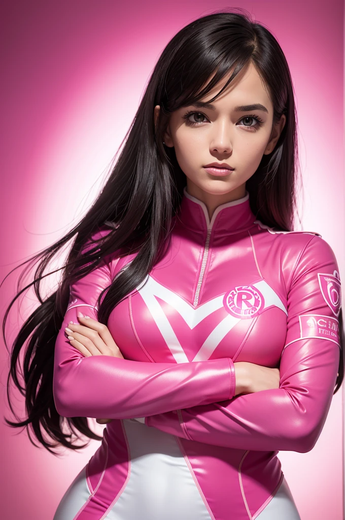 's uniform: Design a bright pink superhero uniform, adjusted to the body.
layer: Add a pink cape that goes down the back.
Detalhes do 's uniform: Include the Rotaract logo on the chest.
Position: Draw crossed arms.