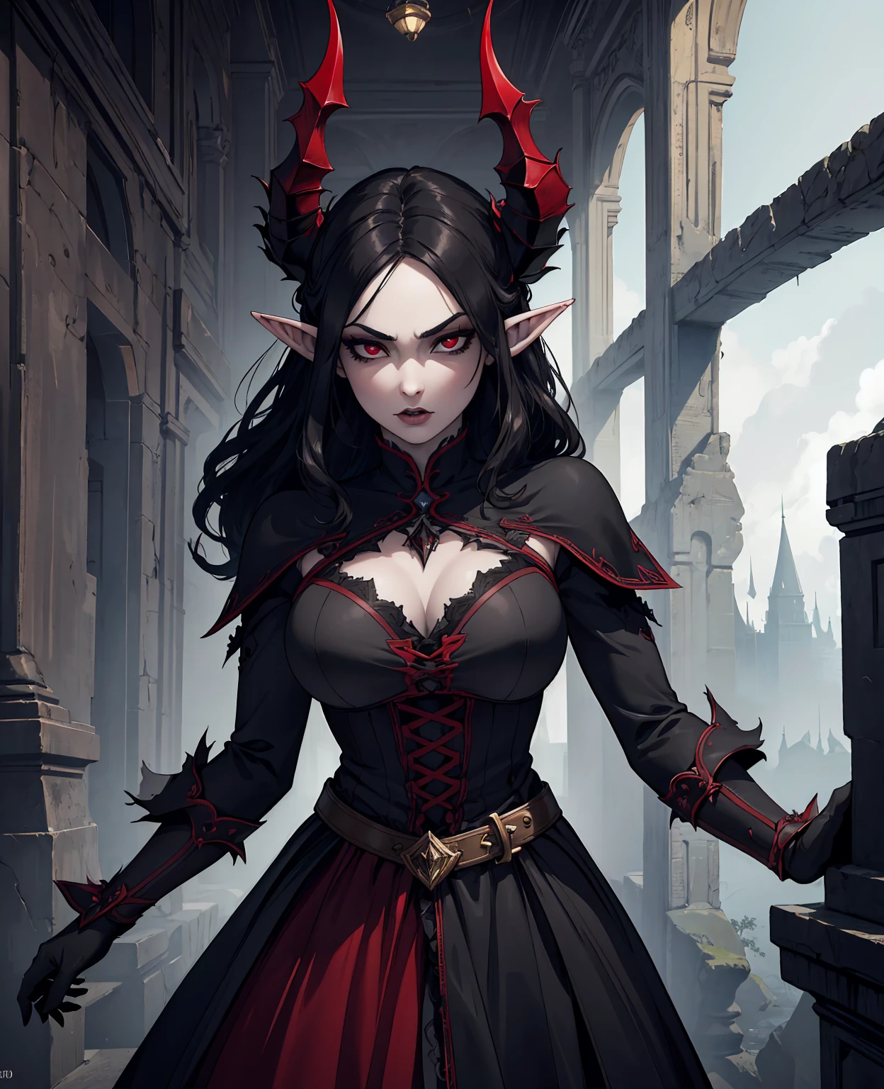 a devilish woman with black hair, pale skin, and red eyes, wearing an elf-like costume, in a dark and mysterious setting, 1girl, intricate detailed face, striking eyes, piercing red eyes, alluring expression, porcelain skin, dark hair, elf-like outfit, fantasy costume, dark and moody atmosphere, dramatic lighting, chiaroscuro, cinematic, dark fantasy, gothic, (best quality,4k,8k,highres,masterpiece:1.2),ultra-detailed,(realistic,photorealistic,photo-realistic:1.37),HDR,UHD,studio lighting,ultra-fine painting,sharp focus,physically-based rendering,extreme detail description,professional,vivid colors,dark tones,dramatic lighting,moody lighting