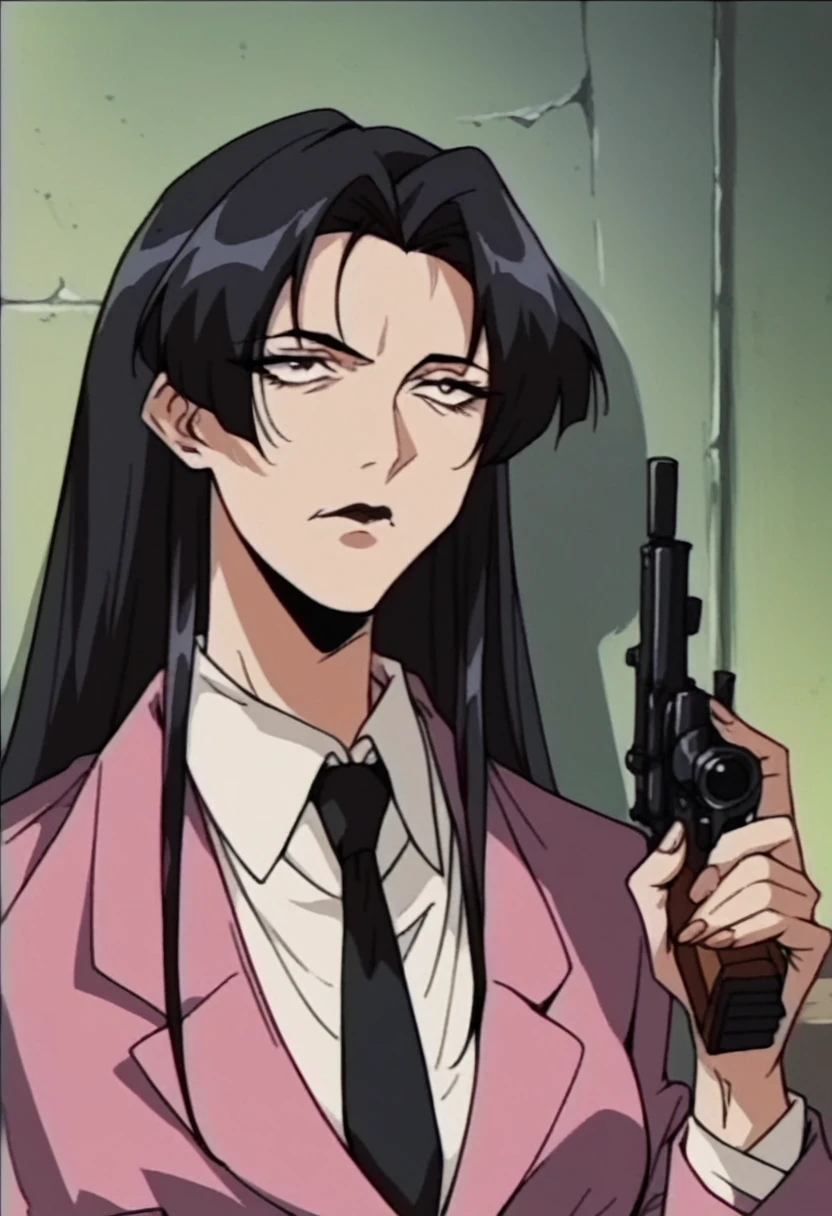 beautyful mature japanese woman, slim body, slender body, pink corporate suit, black tie, big long fringe black hair, black lipstick, black corset, milf, black chocker, black nacklaces, holding a gun, bored