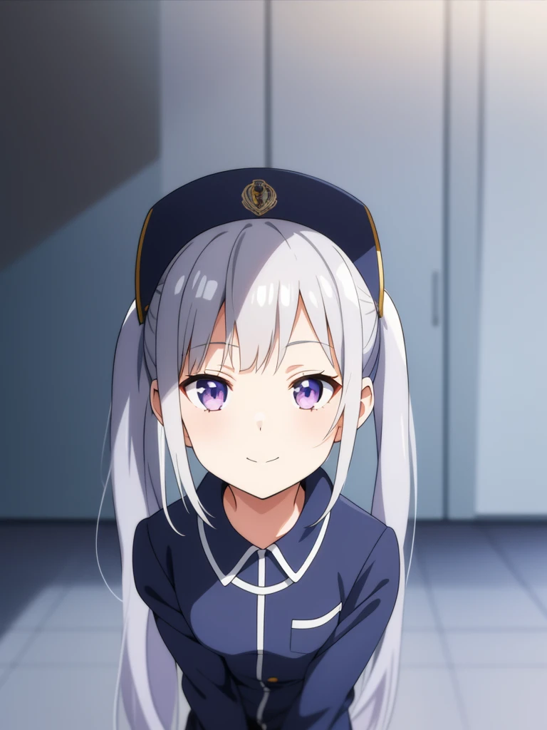 1girl, anime girl, silver hair, long twintails, silver eyes, dark blue school suit, anime screencap, closed mouth small smile, small closing eyes