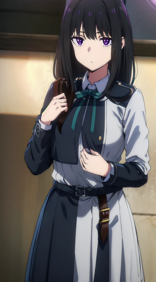 1girl,((black hair))
BREAK ((inoue takina, long hair, bangs, black hair, (purple eyes:1.2),crop top, white socks, shirt, long sleeves, dress, ribbon, , white shirt, collared shirt, belt, neck ribbon, blue dress, green ribbon, pleated dress, grey dress, two-tone dress, blue belt, lycoris uniform,:1))
BREAK ((blank eyes, mind control,shirt, long sleeves, dress, ribbon, , white shirt, collared shirt, belt, neck ribbon, blue dress, green ribbon, pleated dress, grey dress, two-tone dress, blue belt, lycoris uniform,:1.4))
BREAK indoors,
BREAK looking at viewer, 
BREAK (masterpiece:1.2), best quality, high resolution, unity 8k wallpaper, (illustration:0.8), (beautiful detailed eyes:1.6), extremely detailed face, perfect lighting, extremely detailed CG, (perfect hands, perfect anatomy),