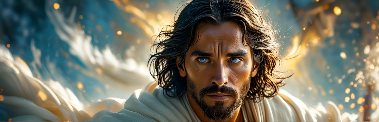 Photography of Jesus Christ, ((best qualityer, 8K, Masterpiece artwork: 1.2)), Ultra-realistic graphics, color photography, sharp focus, fully body, pious look, Highly detailed facial and skin texture, detailedeyes, direct eye contact, Super-resolution, Megapixels, ProFoto RGB, ultra HD, angelic background.