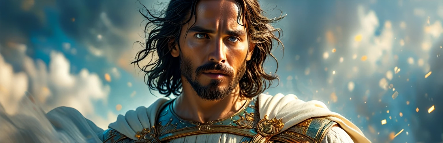 Photography of Jesus Christ, ((best qualityer, 8K, Masterpiece artwork: 1.2)), Ultra-realistic graphics, color photography, sharp focus, fully body, pious look, Highly detailed facial and skin texture, detailedeyes, direct eye contact, Super-resolution, Megapixels, ProFoto RGB, ultra HD, angelic background.